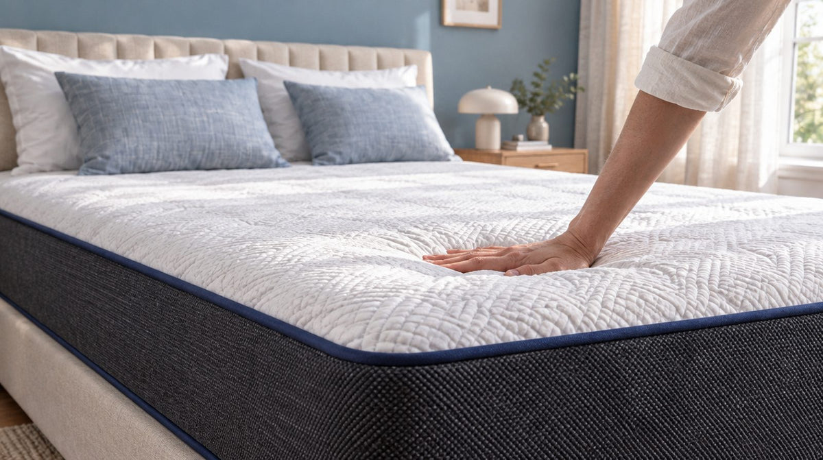 A hand pressing on the surface of a mattress to feel its firmness