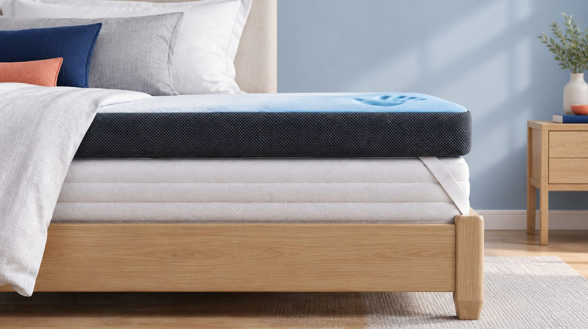Side view of a topper on a mattress, with the topper thickness and height clearly visible