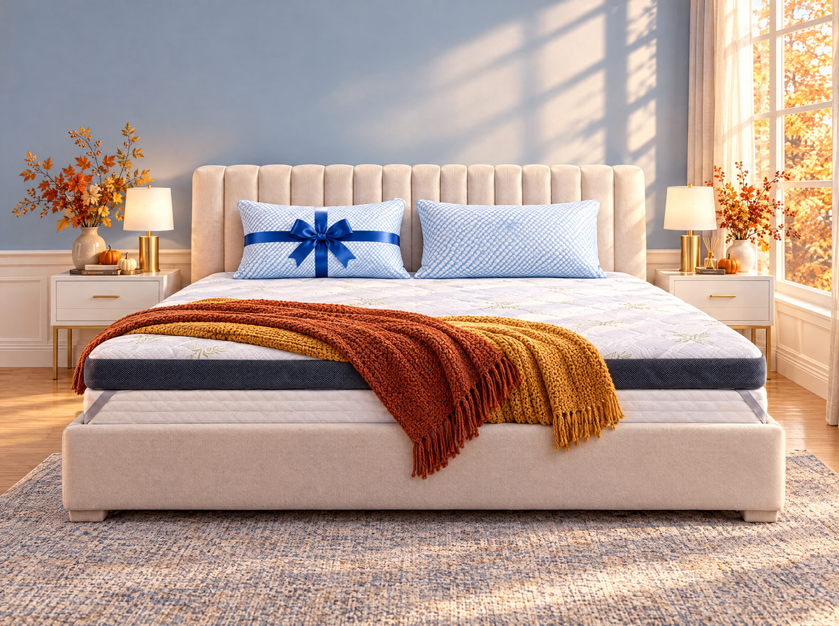 Premium Komfort Topper mit zwei Wolkenkissen auf Doppelbett