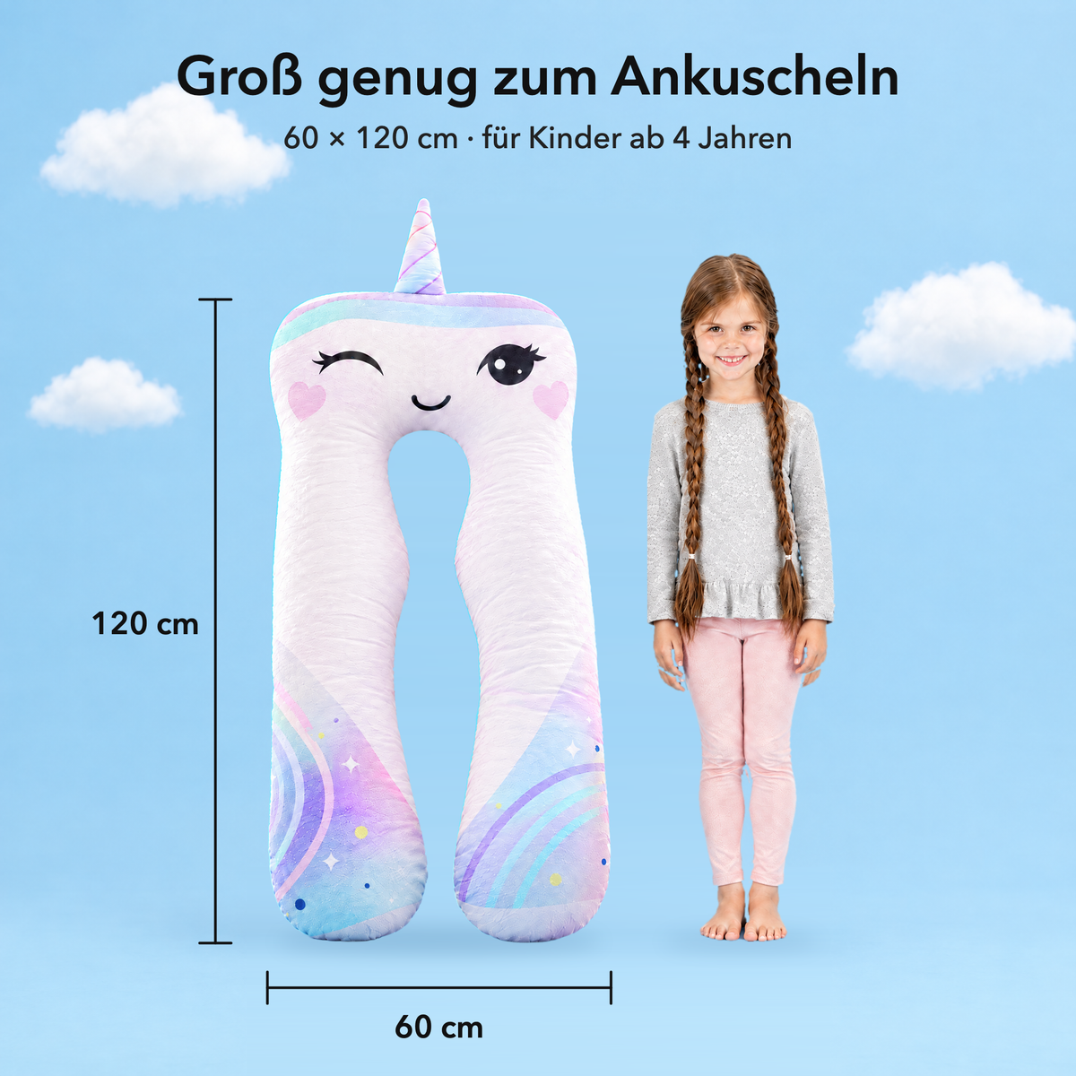 Einhorn – Größe 60 × 120 cm im Vergleich mit einem Kind