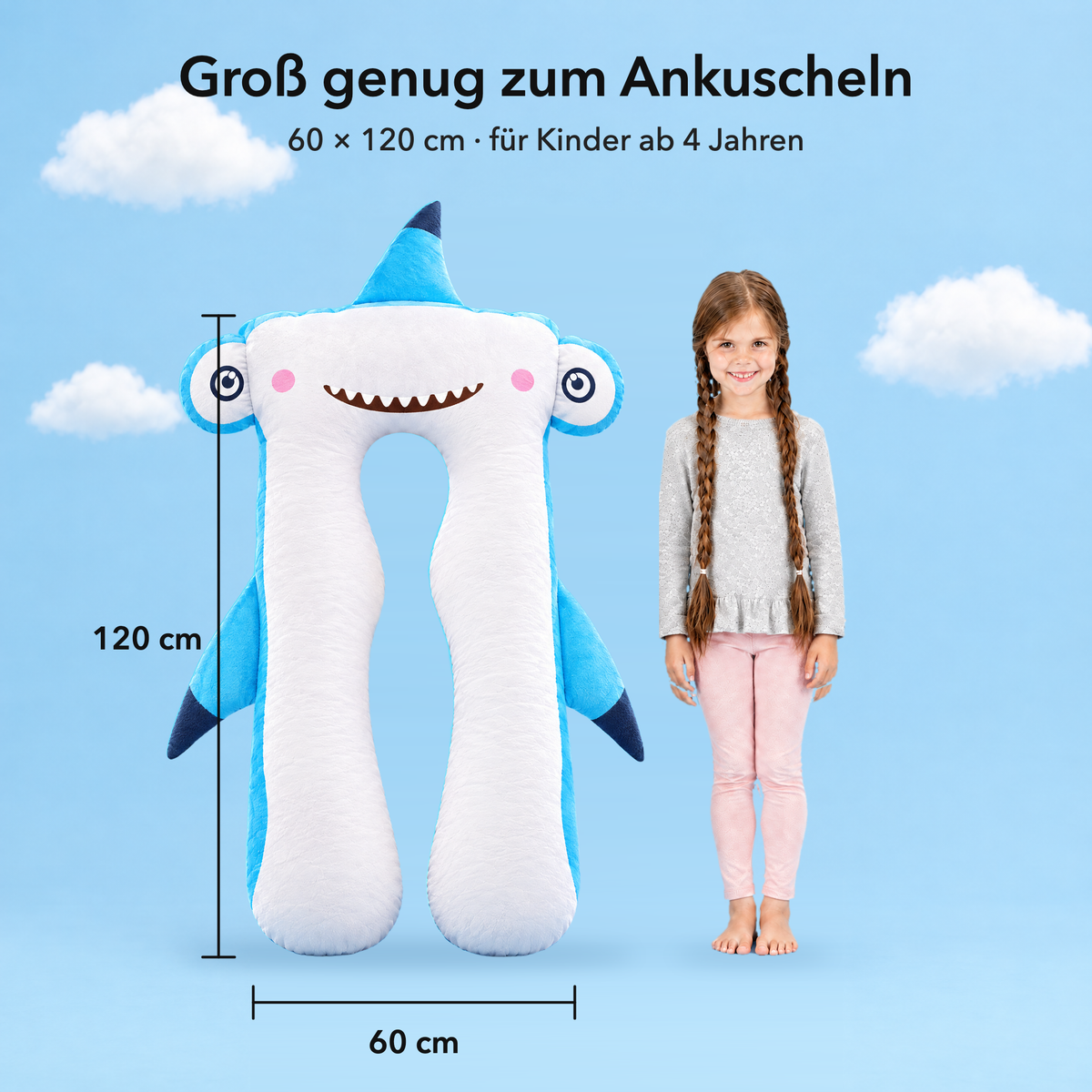 Hai – Größe 60 × 120 cm im Vergleich mit einem Kind