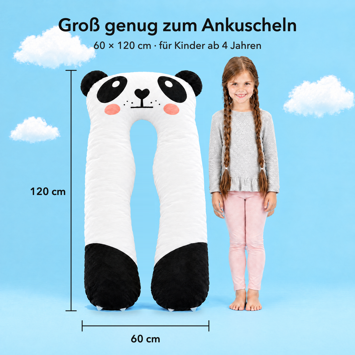 Panda – Größe 60 × 120 cm im Vergleich mit einem Kind